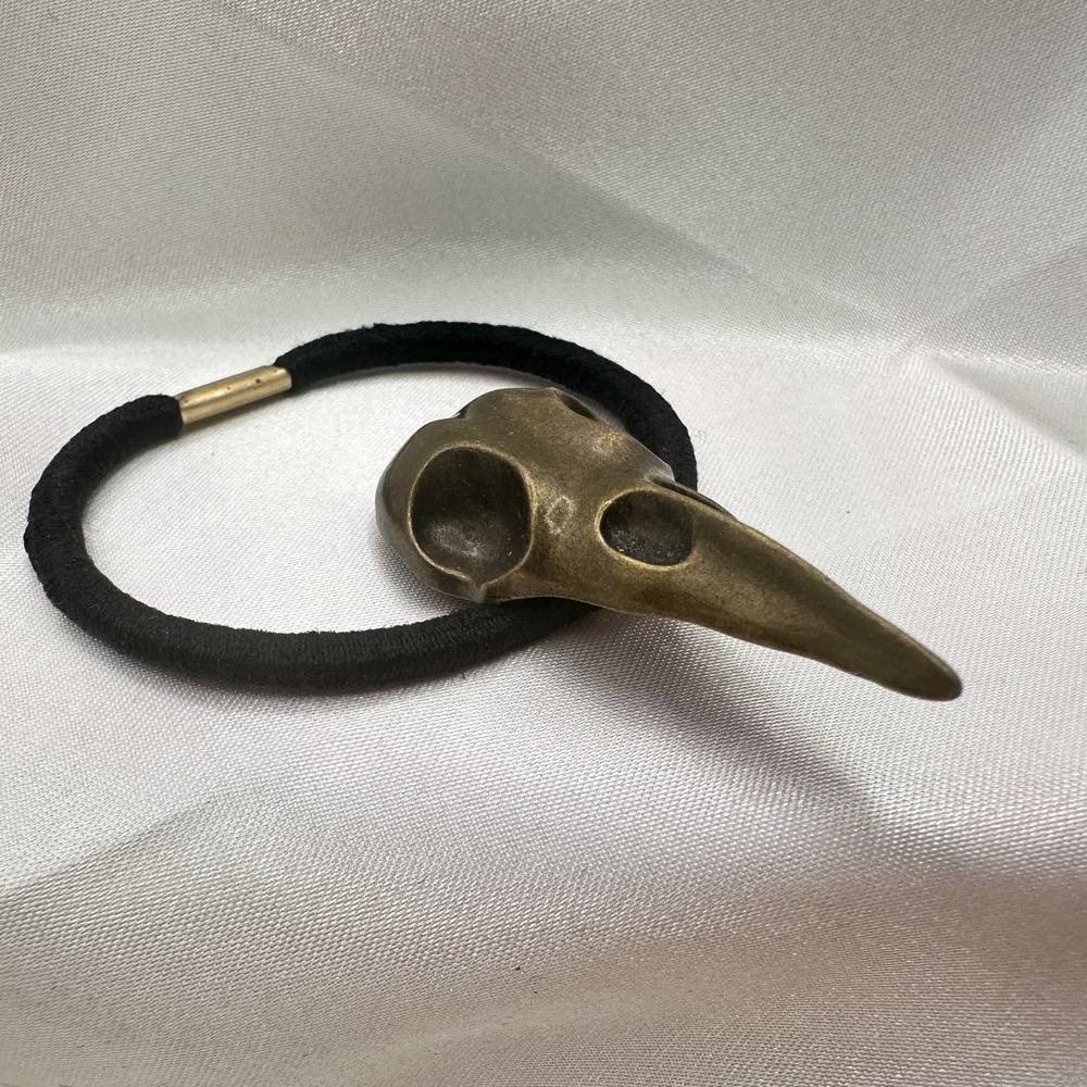Vintage Y2K Bronze Tone Crow Skull Up Elastic Hair Band Halloween Hair Accessory - Picture 5 of 10